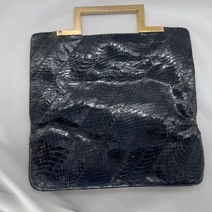 VINTAGE 1980s Black Snakeskin envelope clutch with gold plated handles